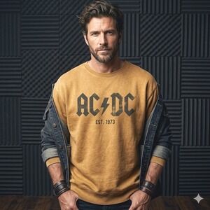 AC/DC Mens Size XXL Sweatshirt Gold Yellow Acid Wash Mineral Wash Graphic Band